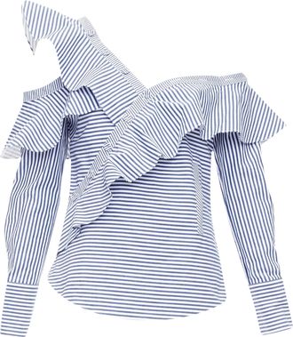 Self Portrait Self Portrait Striped Off Shoulder Asymmetric Ruffle Top