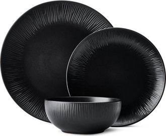 Mikasa Jardin Midnight - Stoviglie de ceramica de 12 pezzi per 4 persone con piatti da portata, piatti laterali e ciotole, nero, in confezione regalo