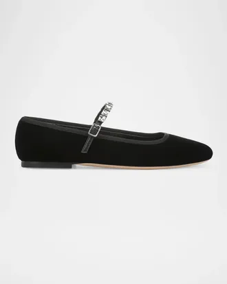 Veronica Beard Ellie Crystal-Strap Velvet Mary Jane Ballerina Flats