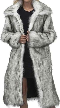Generic Womens Long Lapel Faux fur Jacket Shaggy Coat Warm Outerwear Cardigan (Grey,XXL)