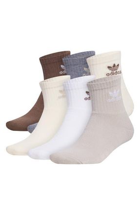 adidas Assorted 6-Pack Trefoil Performance Quarter Crew Socks in Medium Beige at Nordstrom, Size Large