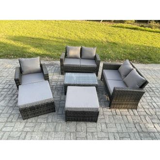Fimous Outdoor Rattan Garden Furniture Set 7 Seater Patio Lounge Sofa Set with Coffee Table 2 Big Footstool Dark Grey Mixed - Fimous