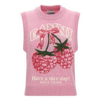 Ganni Round-neck Knitwear, female, Pink, Size: XS Graphic Wool Vest