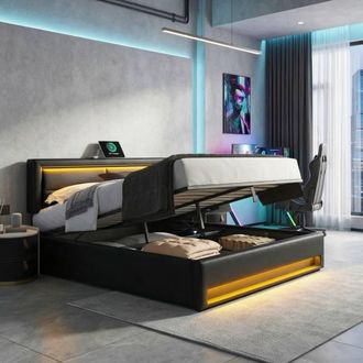 Merax PU-Lychee 5ft King Size LED Storage Bed with USB Charging in Black
