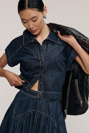 Maeve Denim Short Sleeve Crop Button-Front Top
