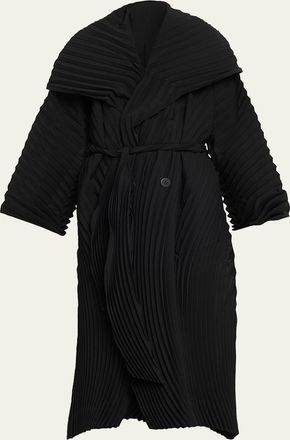 Issey Miyake Wave Pleats Belted Long Trench Coat