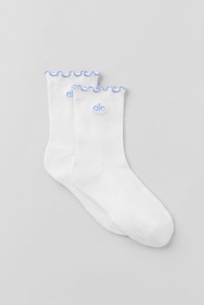 Alo | Womens Lettuce Edge Socks in White/Light Provence Blue, Size: Medium/Large