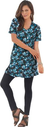 Roaman's Plus Size Ultimate Cotton V-Neck Short Sleeve Tunic in Black Flower Print at Nordstrom, Size Medium