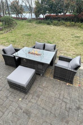 Fimous Rattan Outdoor Furniture Gas Fire Pit Rectangle Dining Table Gas Heater Chairs Sofa Sets 5 Seater in Dark Grey