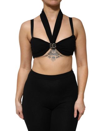 Dolce & Gabbana Womens Black Cropped Viscose Halter Bustier Top Polyester Silk