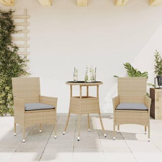 vidaXL Set Comedor Jard&iacute;n 3 Pzas Cojines Rat&aacute;n Sint&eacute;tico Vidrio Beige Vidaxl