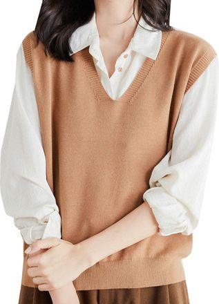 Generic Womens Sleeveless Jumpers Vest V Neck Loose Oversized Sweater Vest Plain Knitted Tank Top Classic Jumper Pullover Solid Colour Casual Comfort Sweater 