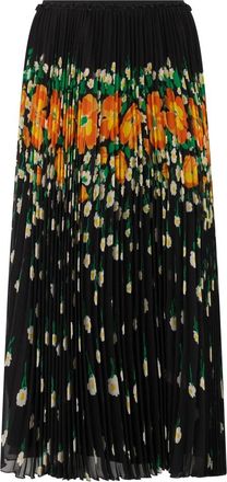 Red Valentino Lange Geplooide Rok met Bloemenprint - Dames - Midirokken - Zwart - XS - Polyester - Rokken