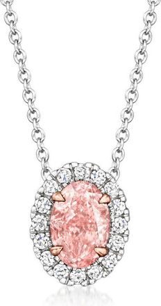 Grown Brilliance 1.20 Carat Lab Grown Halo Oval Pendant Necklace in 14K White Gold, Pink Color, 18 + 2 Extender, Gift Box Included