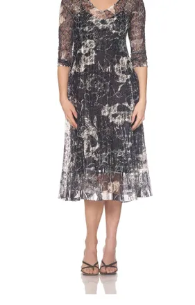 Komarov Lace Three-Quarter Sleeve Dress In Ebony Spray