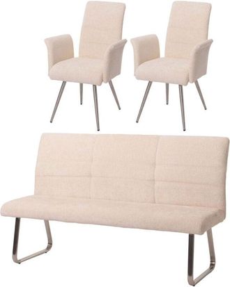 Hhg Non utilizzato] Set sala da pranzo HHG 221, 2 sedie con braccioli + panca 180cm, acciaio inox stoffa/tessuto ciniglia, avorio