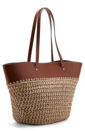 Mango Paros Straw Tote in Leather at Nordstrom