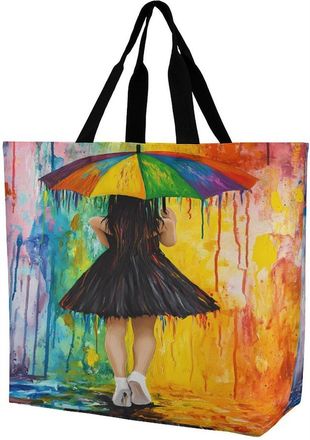Generic Black Dress Woman Holding Umbrella Colorful Reusable Shopping Bags Large Capacity Grocery Bag Heavy Duty Tote for Women 40x40x16cm
