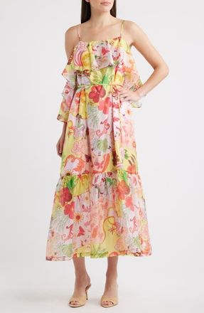 Ciebon Ellera Floral Print Midi Dress in Tangerine Multi at Nordstrom, Size X-Small