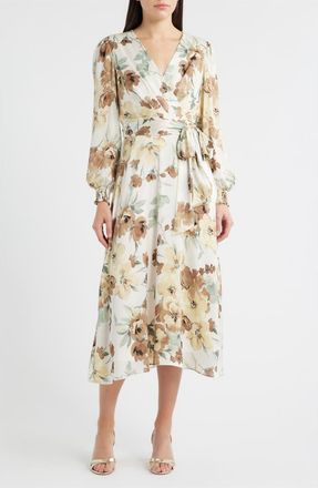 Anne Klein Floral Long Sleeve Faux Wrap Midi Dress in White Dove Multi at Nordstrom, Size 2