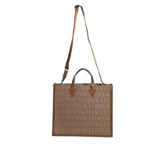 Versace Brown Top Handle Jacquard Leather Logo Crossbody Tote Bag Co Vl