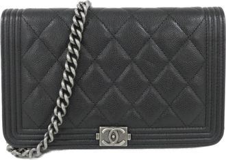 Chanel Boy Chanel Black Grained Calfskin Chain/Shoulder Wallet (Pre-Owned)