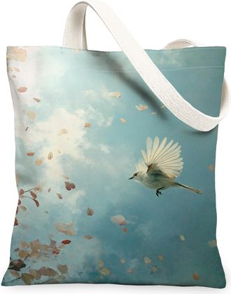 Generic Artistic Bird Canvas Tote Bag, Vintage Sky Pattern Reusable Grocery Bags, Lightweight Washable Shoulder Strap Canvas Bags F, Blue, 13x15 Inch