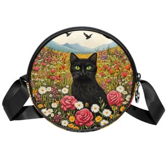 Generic Circle Crossbody Bag for Women, Black Cats Flowers Print Small Sling Bag Daypack with Zipper Adjustable Shoulder Straps Casual Ladies Girls Round Purs