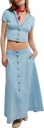 Free People Easy Does It Crop Cotton Button-Up Top & Maxi Skirt Set in Ice Crush at Nordstrom, Size X-Small