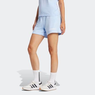 adidas Shorts ADIDAS SPORTSWEAR W LIN FT SHO, Damen, Gr. XL, N-Gr, blau (glow blau, wei&szlig;), Obermaterial: 55% Baumwolle, 36% Polyester, 9% Viskose, Hosen Shor
