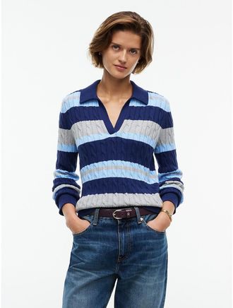 Tommy Hilfiger Womens Striped Cable Knit Sweater Polo - Preppy Navy - XXL