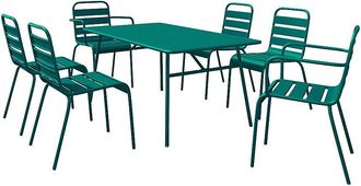 Vente-Unique Comedor de jard&iacute;n de metal - una mesa L.160 cm con 2 sillones apilables y 4 sillas apilables - Azul verdoso - MIRMANDE de MYLIA