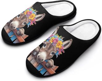 Generic Funny Donkey With Flowers Funny Mens Slippers Cotton Warm House Shoes Memory Foam Sandals Print Size 7-14