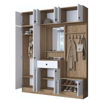 Dmora Mueble De Entrada Torpenn, Espejo Incluido, Perchero, 11 Estantes, 179x38x226h Cm Blanco