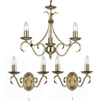 Loops 3 Lamp Ceiling & 2x Twin Wall Light Pack Antique Brass Vintage Matching Fittings in Metallics