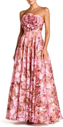 Mac Duggal Strapless Floral Printed A-Line Gown With 3D Flower in Rose Multi at Nordstrom, Size 10