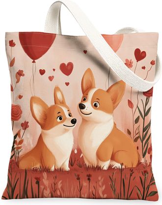 Generic Valentines Day French Bulldog Dog Canvas Tote Bag for Shopping 13x15, Fun Couple Puppy Reusable Grocery Print Bag for Women, Lover Beach Aesthetic Pai