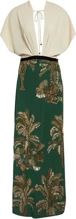 Johanna Ortiz Night Steps Plunge Neck Silk Blend Maxi Dress in Ecru /Green at Nordstrom, Size 10