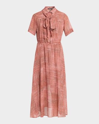 Kiton Check Silk Chiffon Short-Sleeve Midi Shirtdress
