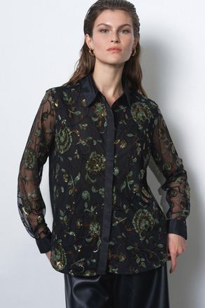 French Connection Womens Black Sequin Floral Long Sheer Sleeve Button-Up Blouse - Size 12 UK