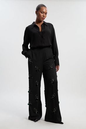 Karen Millen Womens Plus Size Cluster Sequin & Crystal Embellished Tailored Wide Leg Trouser - Black - Size 18 UK