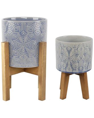 Flora Bunda Set Of 2 Star Ceramic Planters On Wood Stands