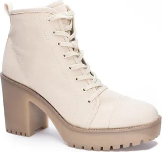 Chinese Laundry Womens Chinese Laundry Boots White Canvas Lug Sole Block Heel Ankle ZAP2081