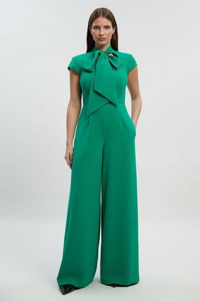 Karen Millen Womens Compact Stretch Bow Tie Neck Tailored Wide Leg Jumpsuit - Emerald - Size 10 UK