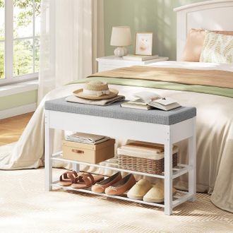 Woltu Woltu Panca Scarpiera Ingresso Scarpiera Salvaspazio Slim Con 2 Ripiani E 2 Ganci Cassapanca Panca Contenitore Bianco+grigio Chiaro