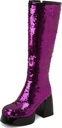 Generic Womens Chunky High Heel Platform Boots Square Toe Knee High Boots Glitter Party Prom Shoes,Purple,3.5 UK