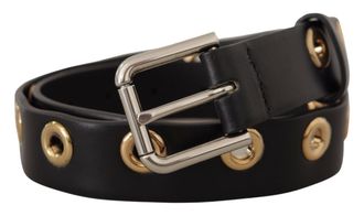 Dolce & Gabbana Womens Black Leather Eyelet Silver Tone Metal Buckle Belt