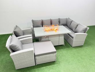 Fimous Outdoor Furniture Garden Dining Set Gas Fire Pit Table with Footstools in Light Grey