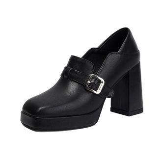 Generic Womens High Heeled Dress Shoes Comfort Slip on Formal Shoes with Buckle Square Toe PU Leather Platform Loafers,Black,8.5 UK