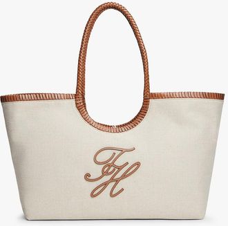 Tommy Hilfiger Womens Script Monogram Linen Maxi Tote - Beige
